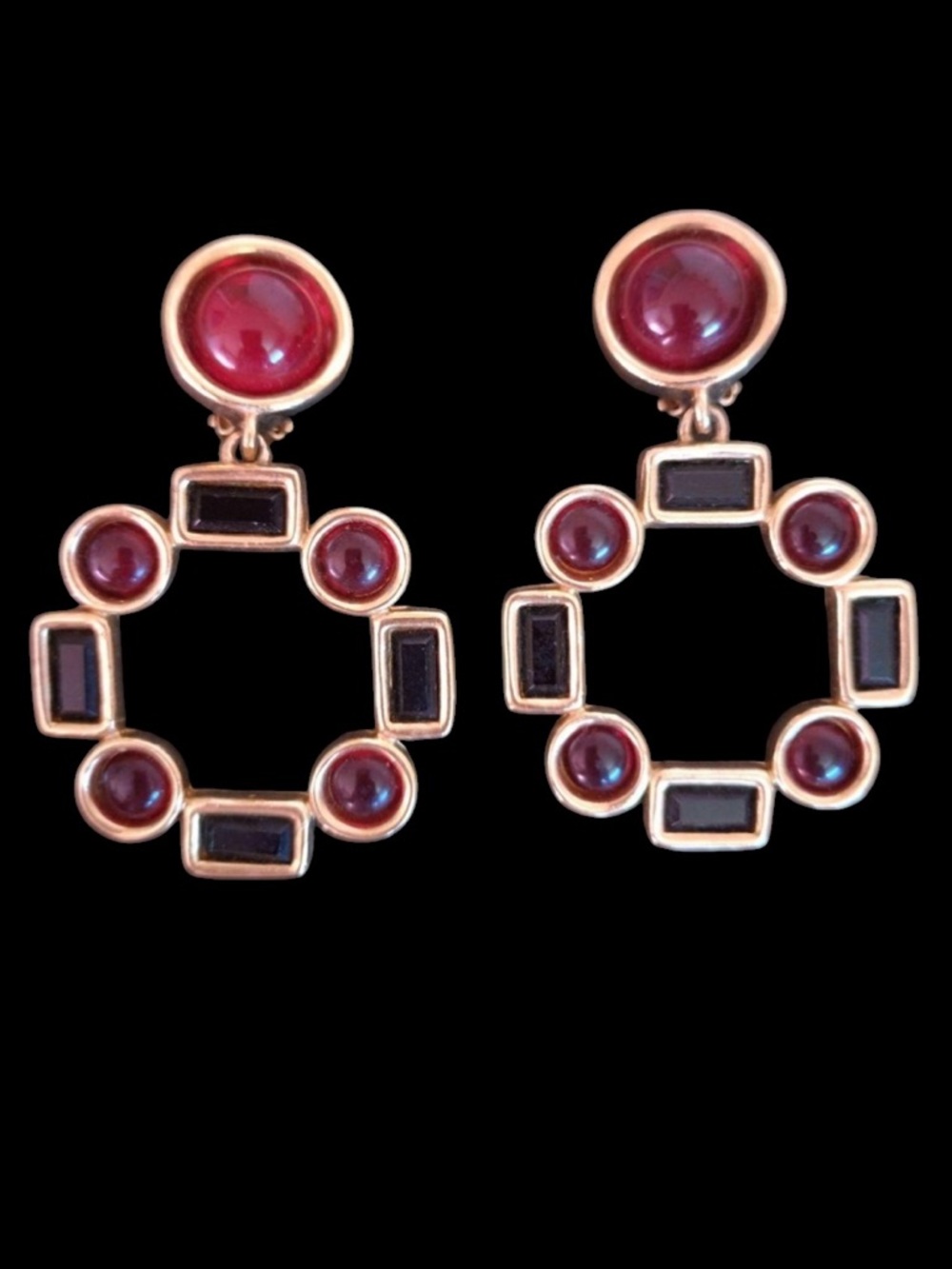 Givenchy Vintage Gold Plated Red Cabochon Circle Drop Earrings